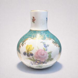 Vintage Hand-Painted Elios Porcelain Vase Floral Teal Gold Accent 6″ Decor